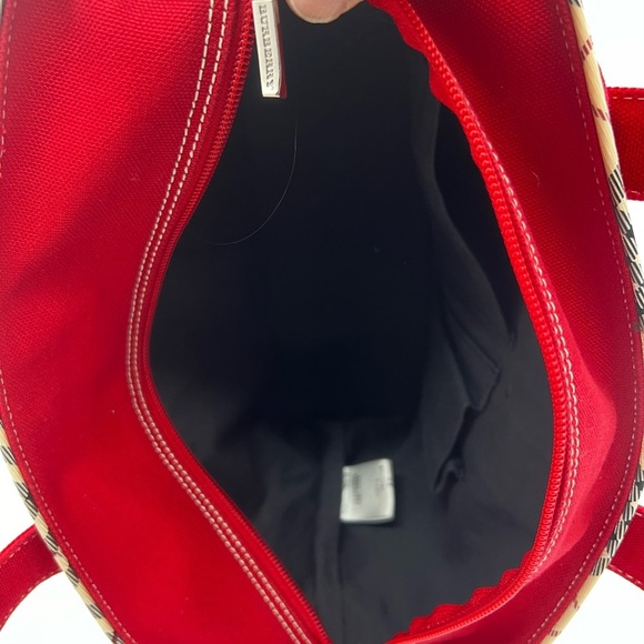 Burberry Red Canvas Tote with Plaid Accents and Top Zipper - Picture 12 of 16